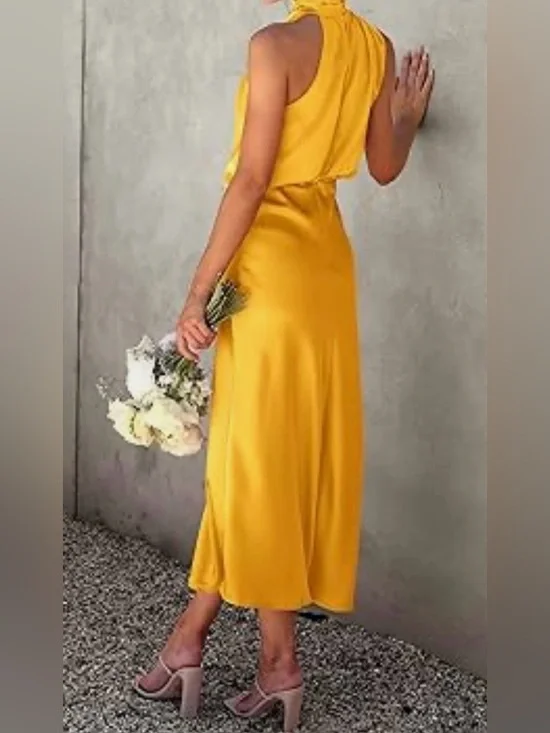 Pretty Garden Satin Halter Neck Maxi Dress in Mustard Yellow L - Picture 2 of 14